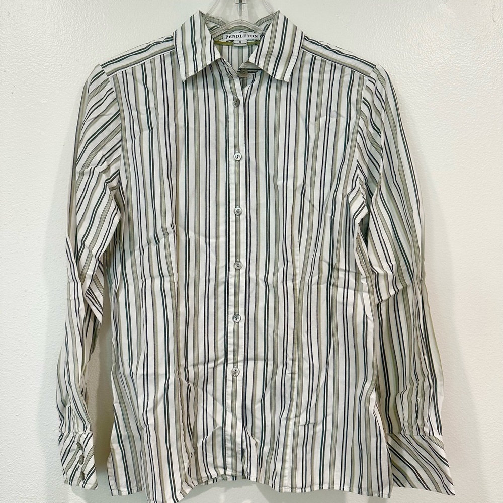 Pendleton Button Up Green White Striped Long Slee… - image 1
